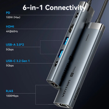 Vention USB C HUB 4K60Hz Type C към HDMI RJ45 PD 100W адаптер за Macbook iPad Pro Air M2 M1 Sumsang PC аксесоари USB 3.0 HUB