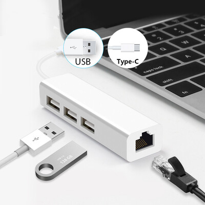 USB eternetas su 3 prievadų USB HUB 2.0 RJ45 Lan tinklo plokštės USB į Ethernet adapteris, skirtas Mac iOS Android PC RTL8152 USB 2.0 HUB