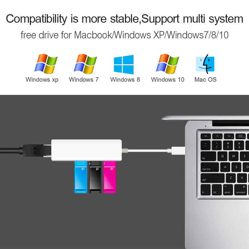 USB Ethernet s 3-portovým USB HUB 2.0 RJ45 LAN sieťovou kartou USB na Ethernet adaptér pre Mac iOS Android PC RTL8152 USB 2.0 HUB