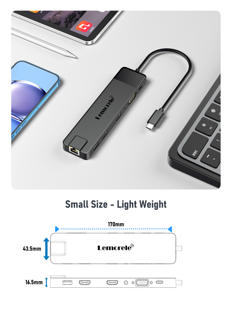 Lemorele 4K USB Hub USB C na Dual HDMI VGA Gigabit Docking Station USB 3.0 VGA adaptér Čítačky SD kariet pre Windows MacBook Air