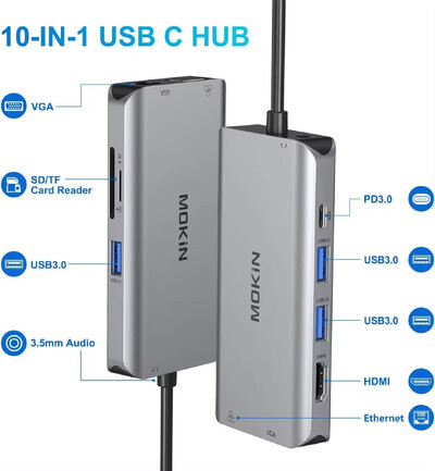 MOKiN USB C HUB prijungimo stotis, skirta Macbook Air Pro RJ45 Gigabit Ethernet USB Type-C į Dual HDMI VGA SD skaitytuvas, skirtas iPad M1/M2
