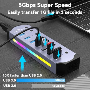 Високоскоростен RGB 7 порта USB 3.0 ХЪБ Индивидуален превключвател 3.0 Адаптер Многопортов USB A сплитер Алуминиев USB хъб за компютърен лаптоп