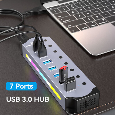 Ātrgaitas RGB 7 pieslēgvietas USB 3.0 HUB Individuālais slēdzis 3.0 Adapteris Vairāku portu USB A sadalītāja alumīnija USB centrmezgls datora klēpjdatoram