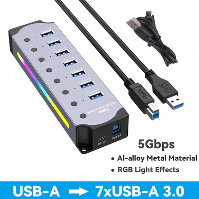 Ātrgaitas RGB 7 pieslēgvietas USB 3.0 HUB Individuālais slēdzis 3.0 Adapteris Vairāku portu USB A sadalītāja alumīnija USB centrmezgls datora klēpjdatoram
