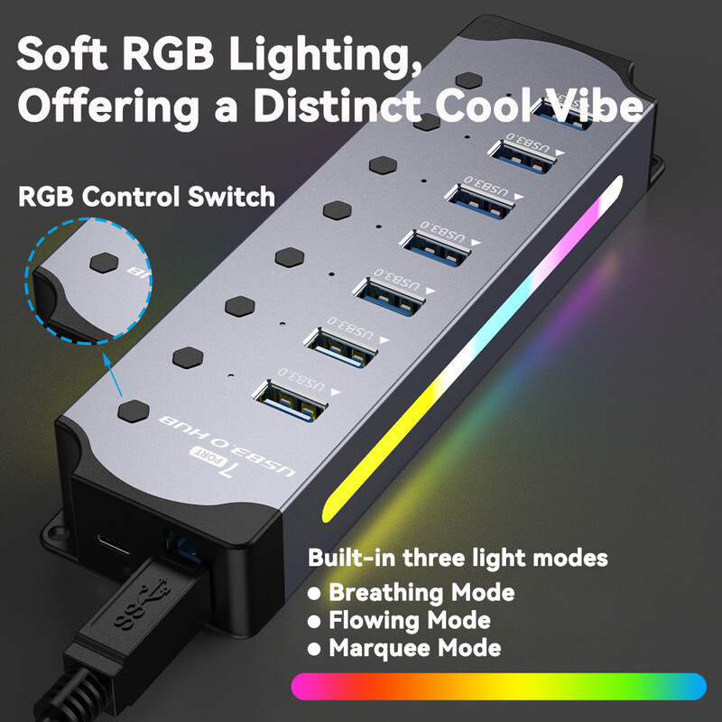 Ātrgaitas RGB 7 pieslēgvietas USB 3.0 HUB Individuālais slēdzis 3.0 Adapteris Vairāku portu USB A sadalītāja alumīnija USB centrmezgls datora klēpjdatoram