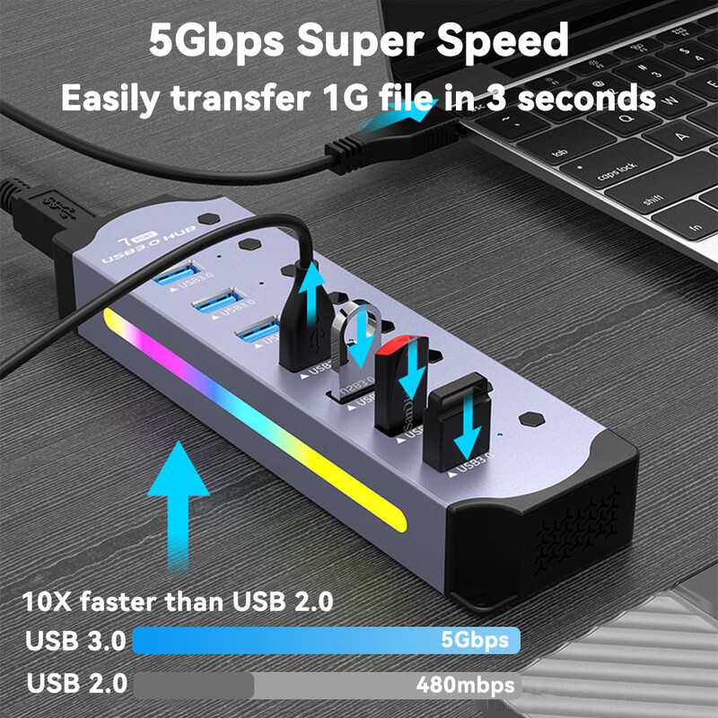 Ātrgaitas RGB 7 pieslēgvietas USB 3.0 HUB Individuālais slēdzis 3.0 Adapteris Vairāku portu USB A sadalītāja alumīnija USB centrmezgls datora klēpjdatoram