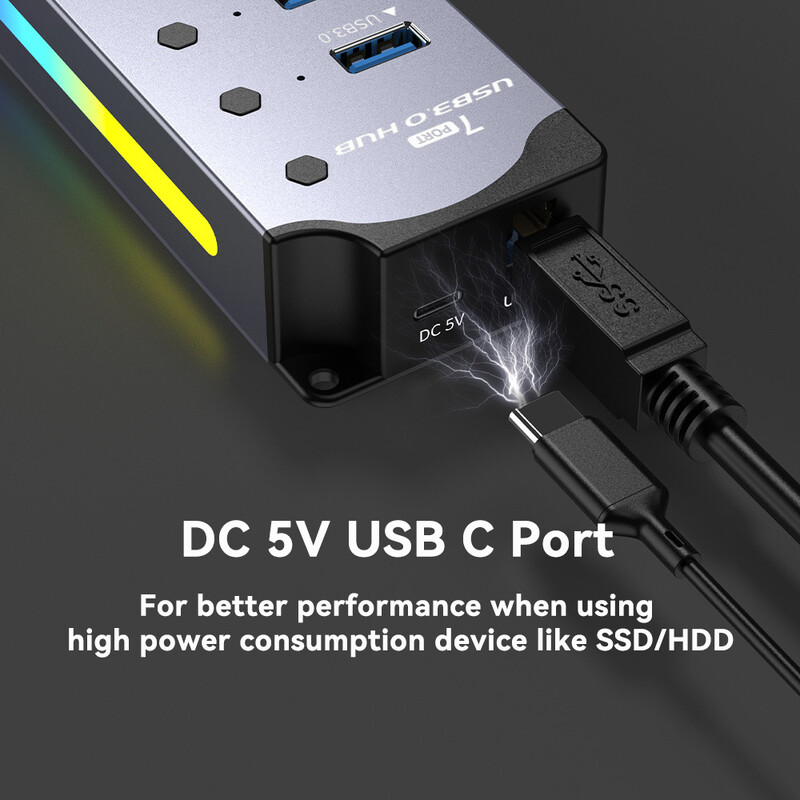 Ātrgaitas RGB 7 pieslēgvietas USB 3.0 HUB Individuālais slēdzis 3.0 Adapteris Vairāku portu USB A sadalītāja alumīnija USB centrmezgls datora klēpjdatoram