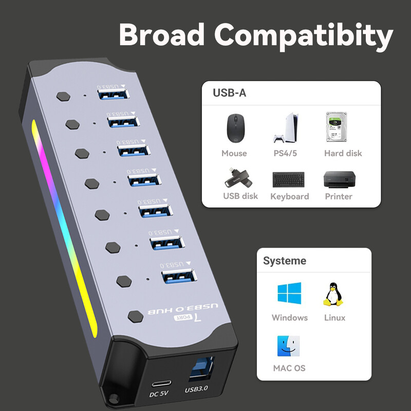 Ātrgaitas RGB 7 pieslēgvietas USB 3.0 HUB Individuālais slēdzis 3.0 Adapteris Vairāku portu USB A sadalītāja alumīnija USB centrmezgls datora klēpjdatoram
