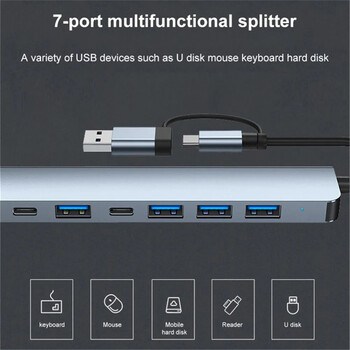 Hannord USB C Hub 7 IN 1 USB 3.0 Hub 5W PD Multiport Dock Station USB Splitte Multi Adapter за аксесоари за лаптопи