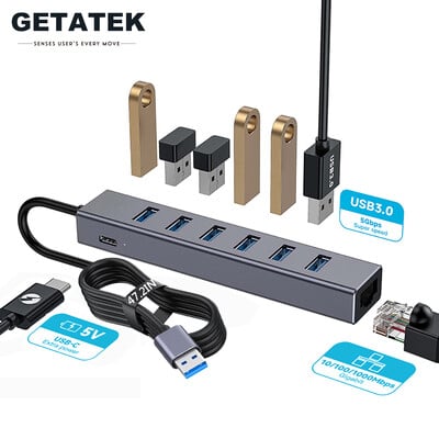 Getatek USB 3.0 centrmezgls 8-IN-1 USB centrmezgls ar 6 USB 3.0 portu 5 V papildu jaudas Gigabit Ethernet ports klēpjdatora diskdziņa cietā diska printera pelei