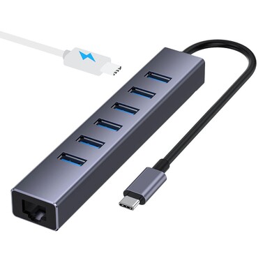 Getatek USB 3.0 Hub 8-v-1 USB Hub so 6 USB 3.0 portami, 5V extra napájanie, gigabitový ethernetový port pre notebook, pevný disk, tlačiareň, myš