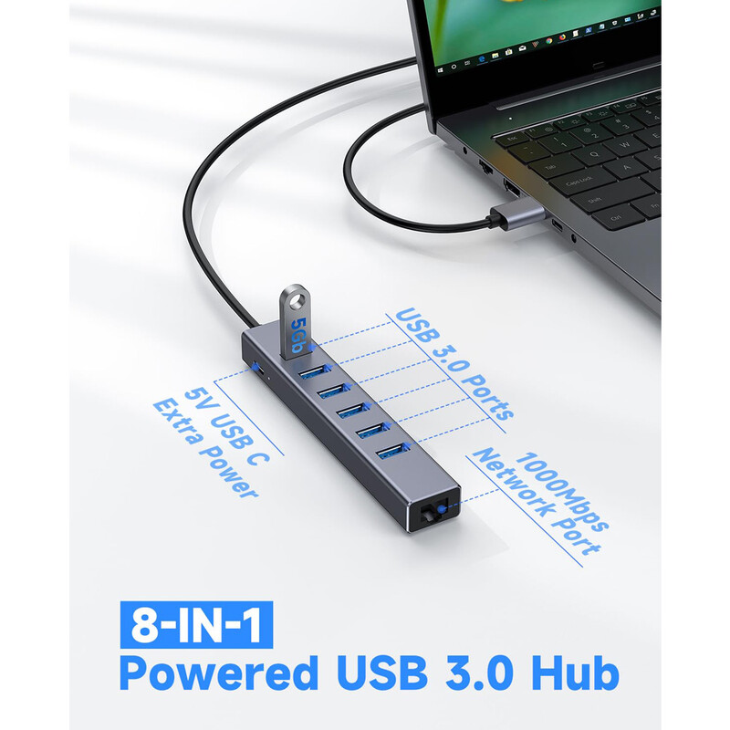 Getatek USB 3.0 Hub 8-v-1 USB Hub so 6 USB 3.0 portami, 5V extra napájanie, gigabitový ethernetový port pre notebook, pevný disk, tlačiareň, myš
