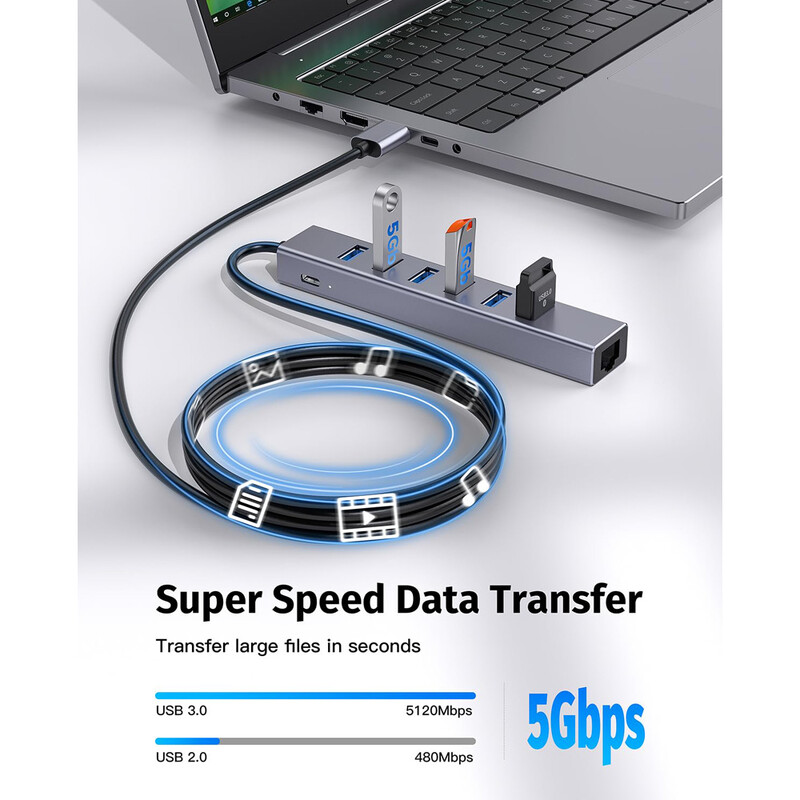 Getatek USB 3.0 Hub 8-v-1 USB Hub so 6 USB 3.0 portami, 5V extra napájanie, gigabitový ethernetový port pre notebook, pevný disk, tlačiareň, myš