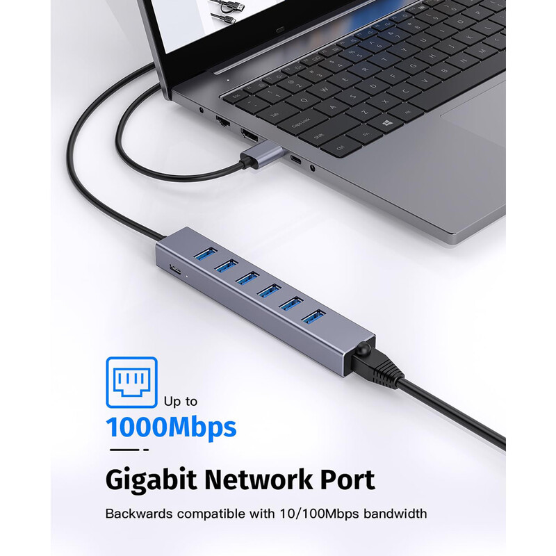 Getatek USB 3.0 Hub 8-v-1 USB Hub so 6 USB 3.0 portami, 5V extra napájanie, gigabitový ethernetový port pre notebook, pevný disk, tlačiareň, myš