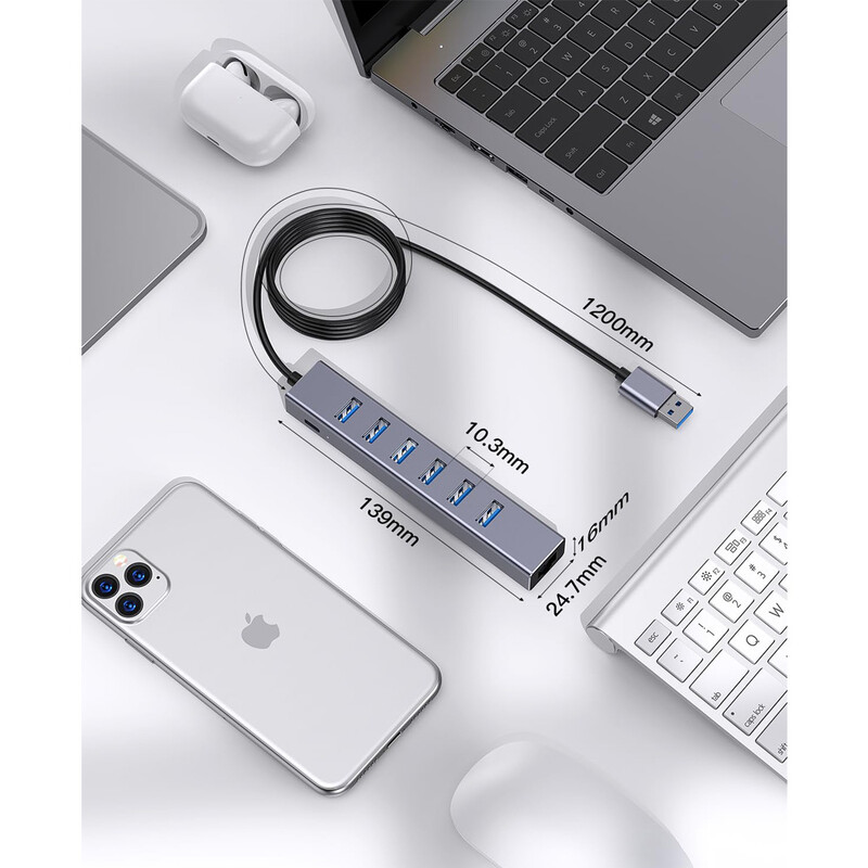 Getatek USB 3.0 Hub 8-v-1 USB Hub so 6 USB 3.0 portami, 5V extra napájanie, gigabitový ethernetový port pre notebook, pevný disk, tlačiareň, myš