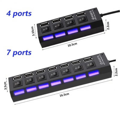 4/7 portos USB HUB 2.0 nagysebességű adapter bővítő több USB elosztó többszörös bővítő LED lámpa kapcsolóval irodai PC laptopokhoz