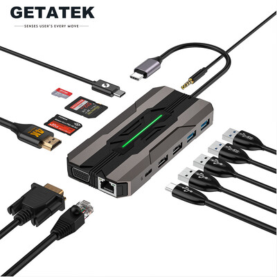 Getatek 13 IN 1 USB C Hub Docking Station Cititor de carduri SD 1000M RJ45 Compatibil HDMI HDTV VGA USB Hub 3.0 Adaptor concentrator