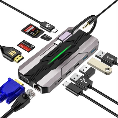Getatek 13 IN 1 USB C Hub Docking Station Cititor de carduri SD 1000M RJ45 Compatibil HDMI HDTV VGA USB Hub 3.0 Adaptor concentrator
