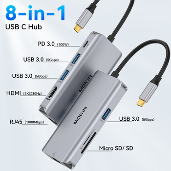 MOKiN USB C Hub Multiport Adapter,USB C докинг станция с 4K HDMI 100W PD 3USB 3.0 RJ45 SD/TF карта, за MacBook Air Pro M1 M2