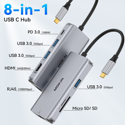 Adaptor hub multiport MOKiN USB C, stație de andocare USB C cu 4K HDMI 100W PD 3USB 3.0 RJ45 SD/TF card, pentru MacBook Air Pro M1 M2