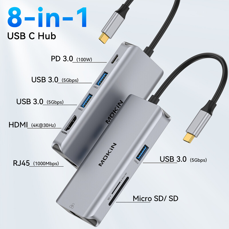 Adaptor hub multiport MOKiN USB C, stație de andocare USB C cu 4K HDMI 100W PD 3USB 3.0 RJ45 SD/TF card, pentru MacBook Air Pro M1 M2