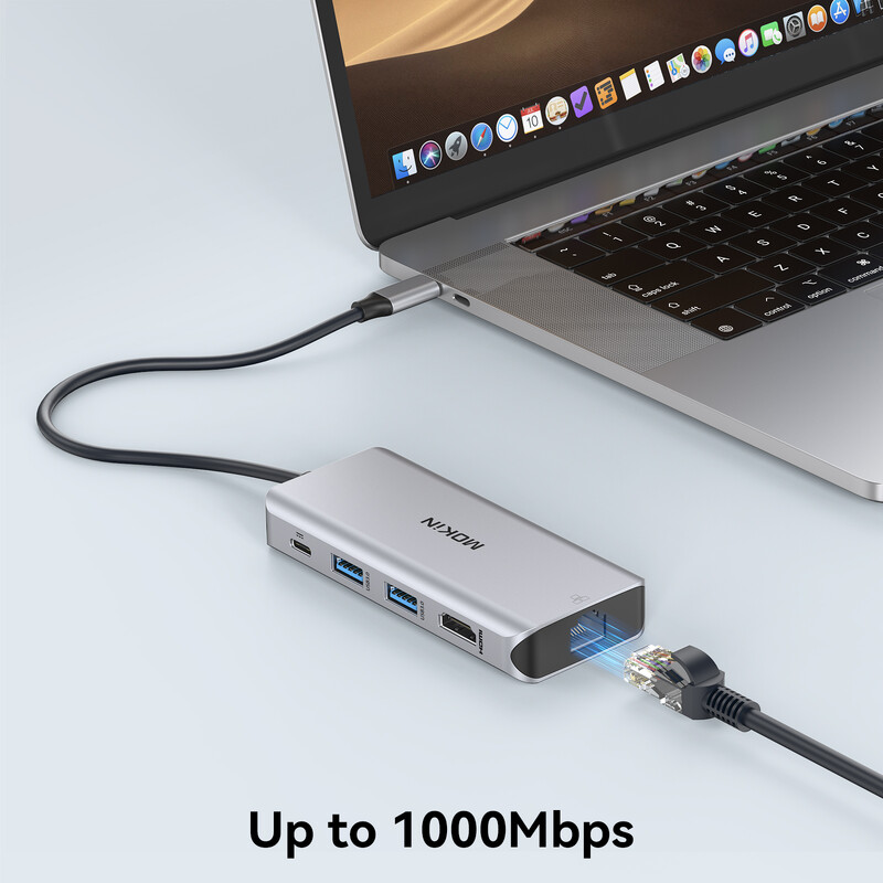 Adaptor hub multiport MOKiN USB C, stație de andocare USB C cu 4K HDMI 100W PD 3USB 3.0 RJ45 SD/TF card, pentru MacBook Air Pro M1 M2