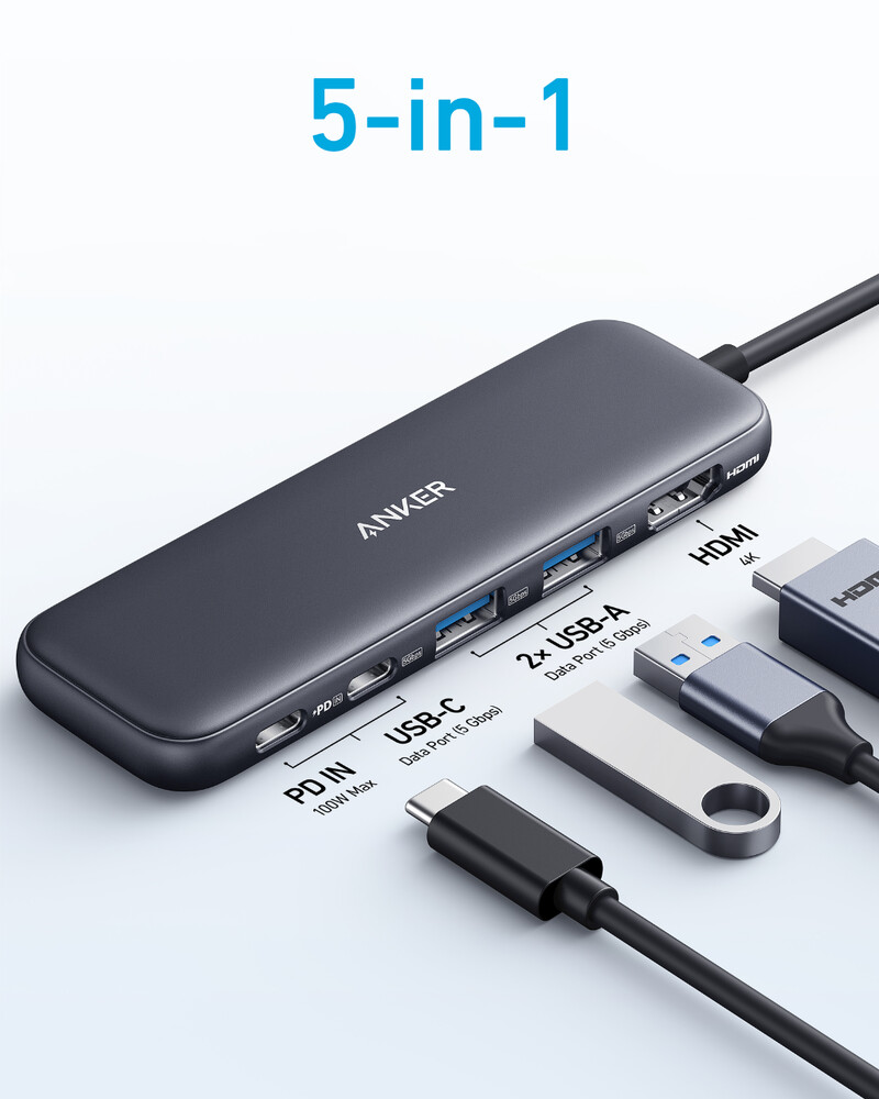 Anker 332 USB-C Hub 5-in-1 USB Hub prijungimo stotis USB c išorinė vaizdo plokštė nešiojamiesiems kompiuteriams 5 gigabitai per sekundę