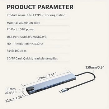 Σταθμός σύνδεσης 10 σε 1 USB C HUB 4K30Hz Τύπος C σε συμβατό με HDMI RJ45 Ethernet PD100W για τηλέφωνο MacBook iPad Huawei Sumsang