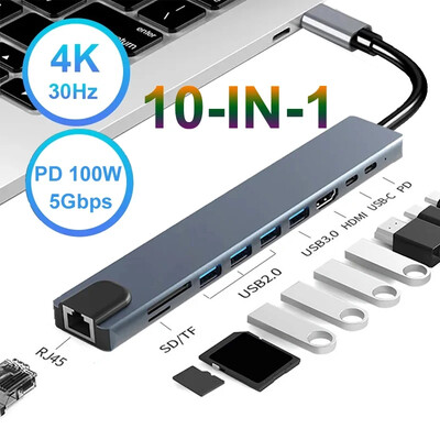 HUB USB C 10 în 1 4K30Hz Stație de andocare tip C la compatibil HDMI RJ45 Ethernet PD100W pentru MacBook iPad Telefon Huawei Sumsang