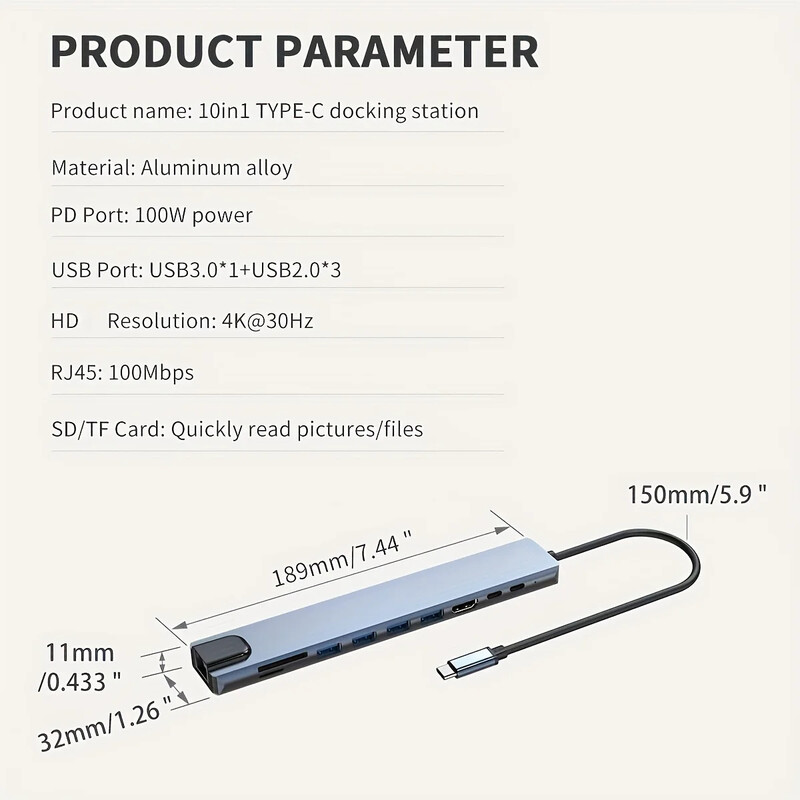 HUB USB C 10 în 1 4K30Hz Stație de andocare tip C la compatibil HDMI RJ45 Ethernet PD100W pentru MacBook iPad Telefon Huawei Sumsang