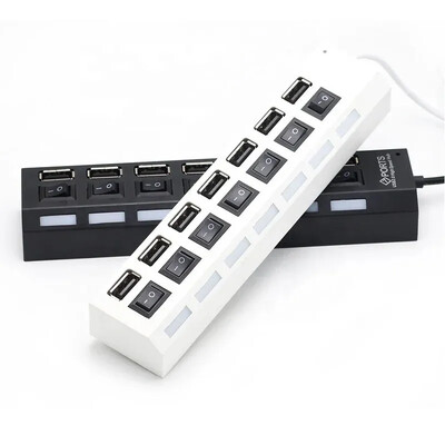USB-elosztó 7-portos több USB-elosztó tápadapter többszörös bővítő be-ki kapcsolóval PC-s laptopokhoz, MacBook-tartozékokhoz