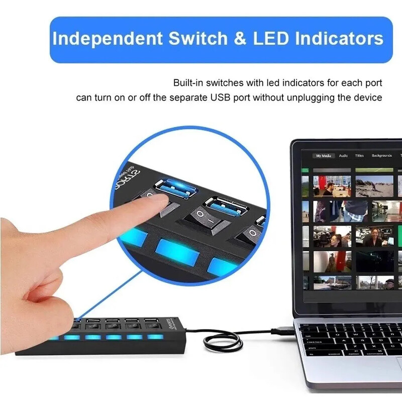 USB Hub 7 portov Multi USB rozbočovač napájací adaptér viacnásobný expandér s vypínačom pre PC notebook MacBook príslušenstvo