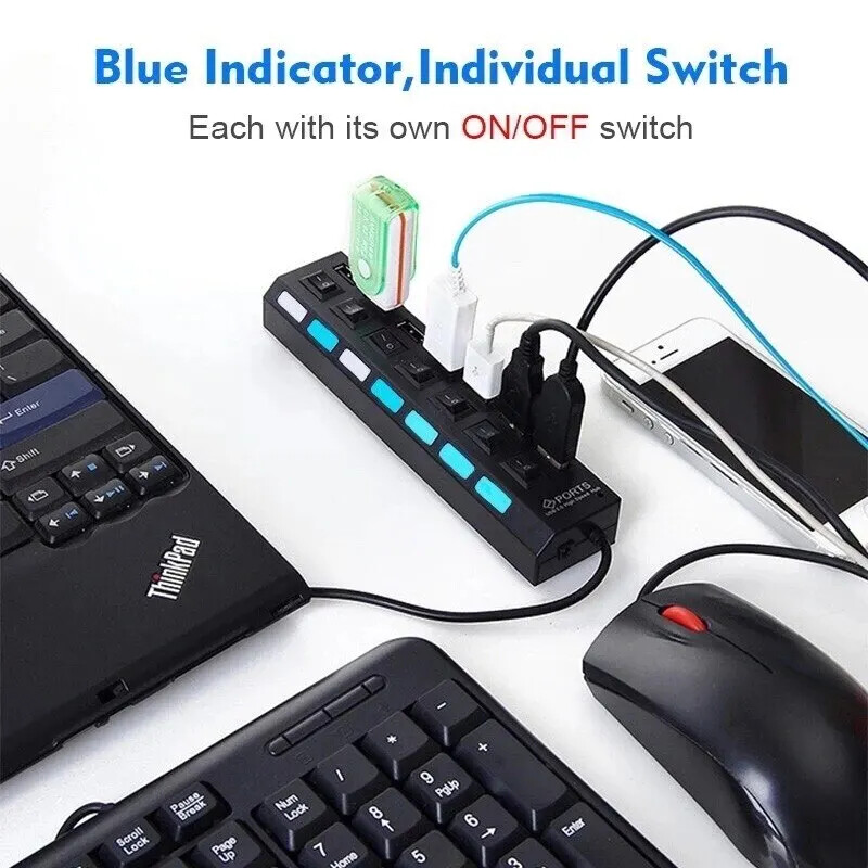 USB Hub 7 portov Multi USB rozbočovač napájací adaptér viacnásobný expandér s vypínačom pre PC notebook MacBook príslušenstvo