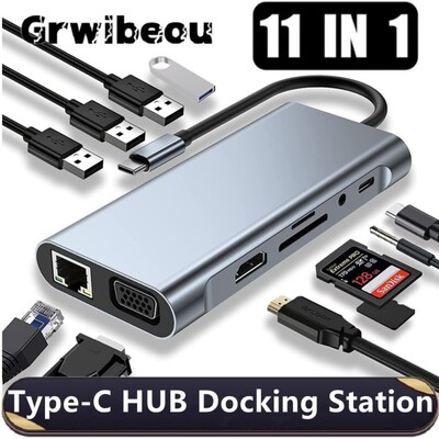 Grwibeou 11-IN-1 USB-C 3.0 HUB 4K Type C į HDMI/VGA USB 3.0 Adapter Type C HUB Dock PD 87W USB-C Slitter, skirtas MacBook Pro Air