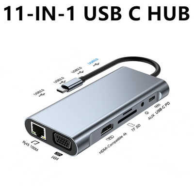 Grwibeou 11-IN-1 USB-C 3.0 HUB 4K Type C į HDMI/VGA USB 3.0 Adapter Type C HUB Dock PD 87W USB-C Slitter, skirtas MacBook Pro Air