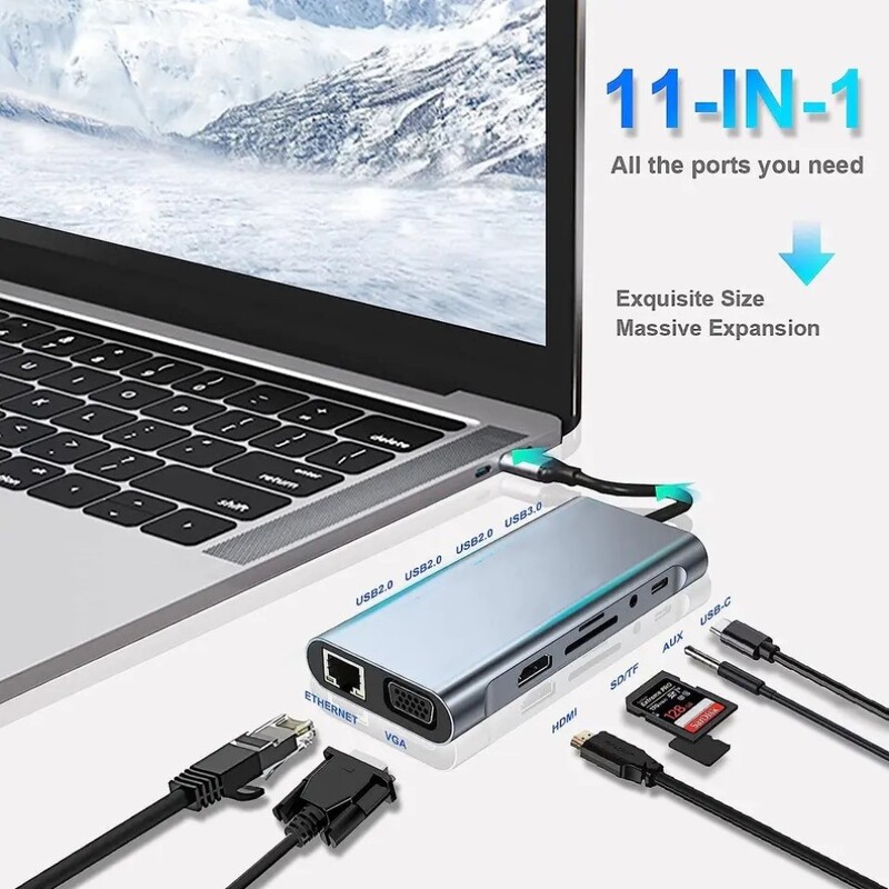 Grwibeou 11-IN-1 USB-C 3.0 HUB 4K Type C į HDMI/VGA USB 3.0 Adapter Type C HUB Dock PD 87W USB-C Slitter, skirtas MacBook Pro Air