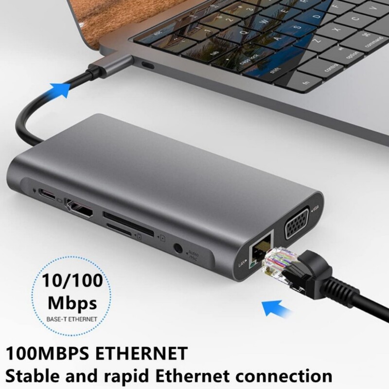 Grwibeou 11-IN-1 USB-C 3.0 HUB 4K Type C į HDMI/VGA USB 3.0 Adapter Type C HUB Dock PD 87W USB-C Slitter, skirtas MacBook Pro Air