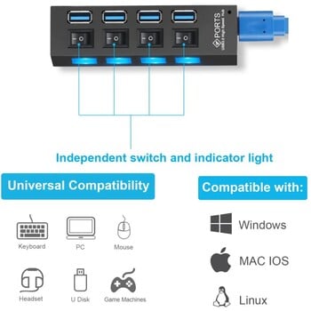 4/7 Θύρες USB HUB 3.0 2.0 Adapter Expander High Speed Multi USB Splitter Multiple Extender με διακόπτη λυχνίας LED για φορητό υπολογιστή