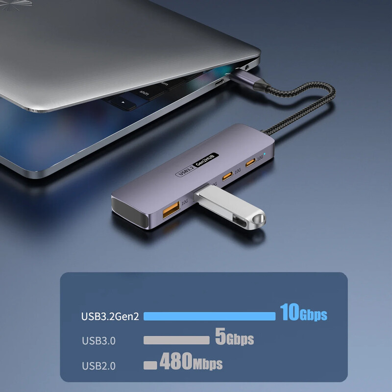 USB C šakotuvas, 4 viename USBC adapteris, 2 * 10 Gbps USB 3.2 duomenų prievadai, 2 * 10 Gbps USB-C didelės spartos duomenų perdavimo kostiumas, skirtas MacBook Pro