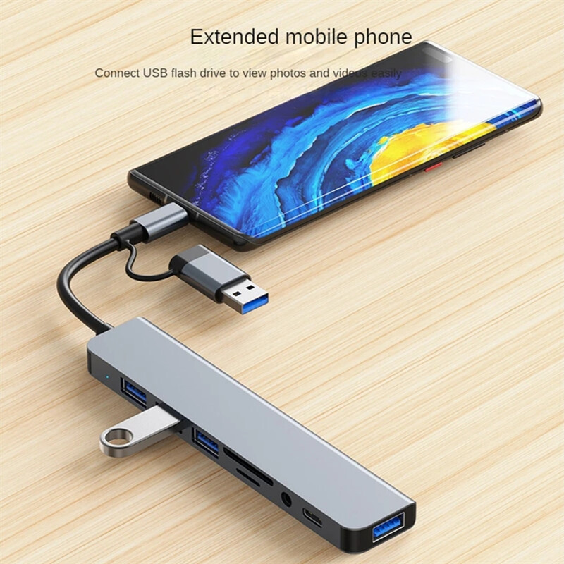8-IN-2 USB HUB 3.0 USB C HUB Stație de andocare 5 Gbps Transmisie de mare viteză Splitter USB tip C Adaptor TF/SD OTG pentru Macbook Pro