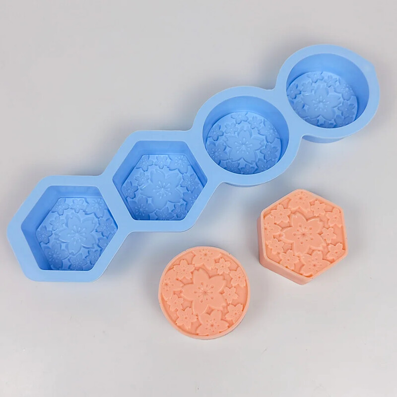 Forme din silicon pentru săpun de mână, cu 4 găuri, cu flori de relief, cu sferă de Sakura, pentru lumânare, formă rotundă de gips, tavă hexagonală pentru ciocolată