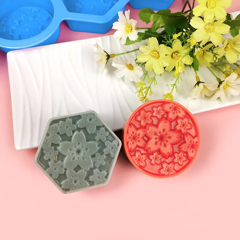 Forme din silicon pentru săpun de mână, cu 4 găuri, cu flori de relief, cu sferă de Sakura, pentru lumânare, formă rotundă de gips, tavă hexagonală pentru ciocolată