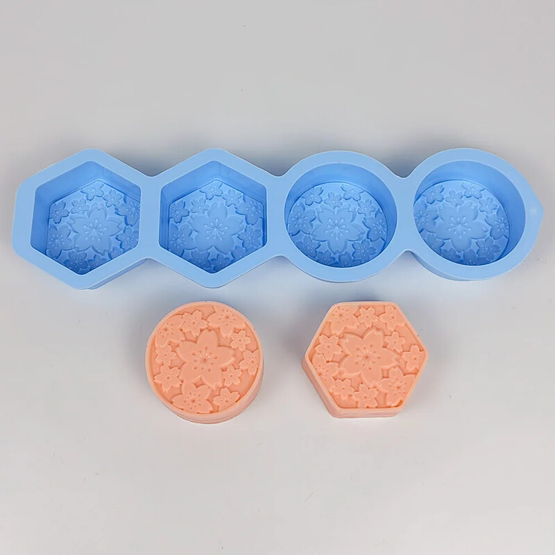 Forme din silicon pentru săpun de mână, cu 4 găuri, cu flori de relief, cu sferă de Sakura, pentru lumânare, formă rotundă de gips, tavă hexagonală pentru ciocolată