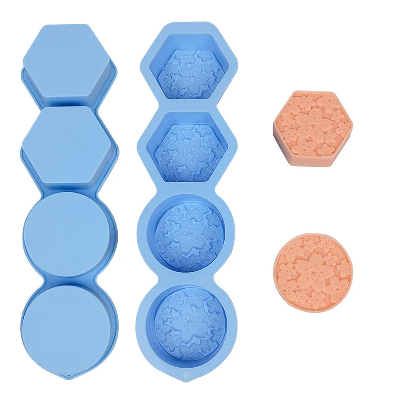 Forme din silicon pentru săpun de mână, cu 4 găuri, cu flori de relief, cu sferă de Sakura, pentru lumânare, formă rotundă de gips, tavă hexagonală pentru ciocolată