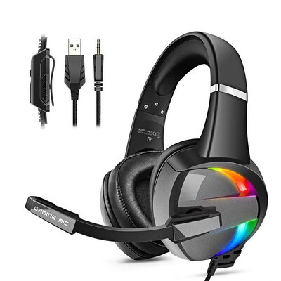 RGB žaidimų ausinės su triukšmą slopinančiu mikrofonu erdvinio garso LED ausinės, skirtos PS5 PS4 Xbox One PC nešiojamasis kompiuteris Mac kompiuteris