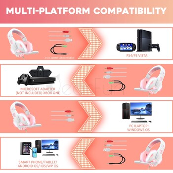 QearFun Νέα Pink Headphones for PC Girls Gaming Headset with Microphone Gamer for PS4 Windows XP/7/8/10 Laptop Phone