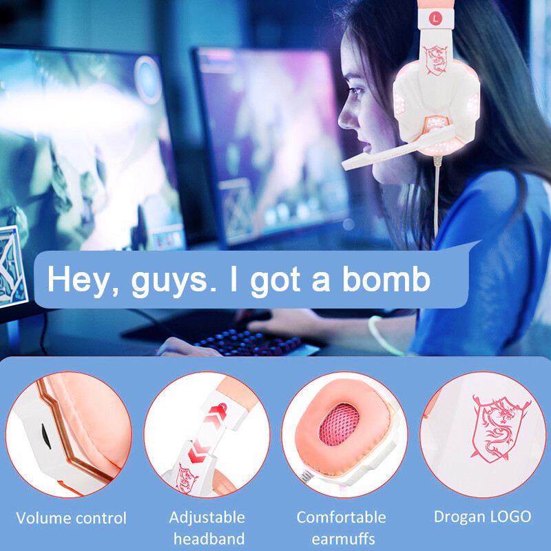 QearFun új rózsaszín fejhallgató PC Girls Gamer fejhallgató mikrofonos gamerrel PS4 Windows XP/7/8/10 laptop telefonhoz