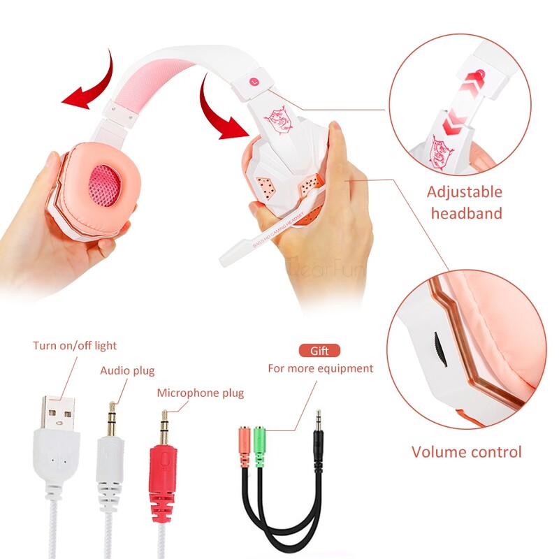 QearFun új rózsaszín fejhallgató PC Girls Gamer fejhallgató mikrofonos gamerrel PS4 Windows XP/7/8/10 laptop telefonhoz