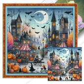 Krížikový steh s potlačou Halloween Chalupa z ekobavlny, 11CT, na kompletnú výšivku