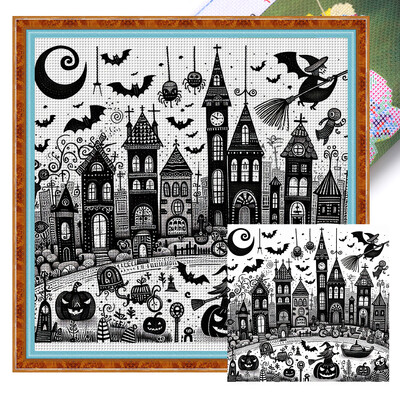 Krížikový steh s potlačou Halloween Chalupa z ekobavlny, 11CT, na kompletnú výšivku